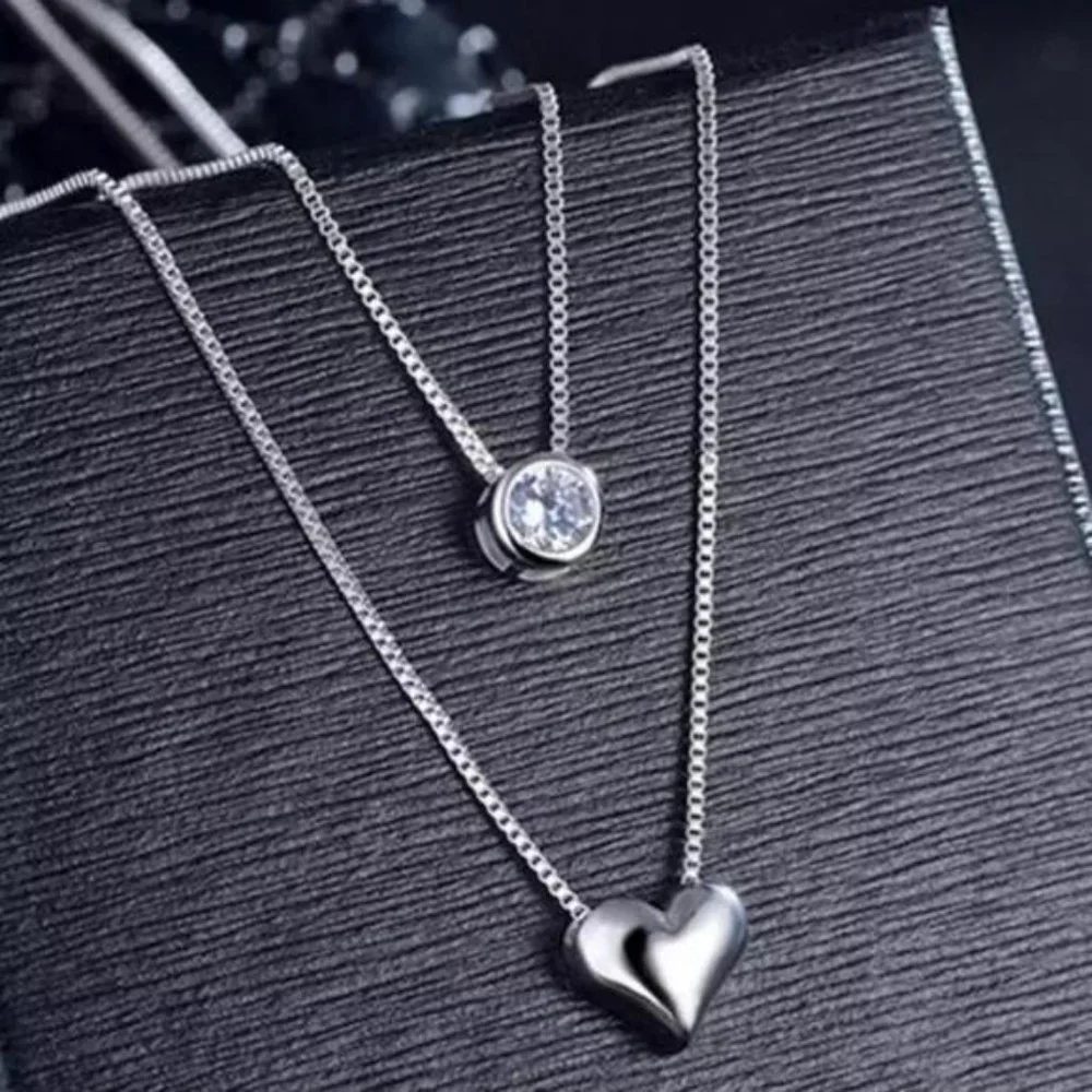925 STERLING SILVER DOUBLE LAYER HEART NECKLACE - Picture 1 of 8
